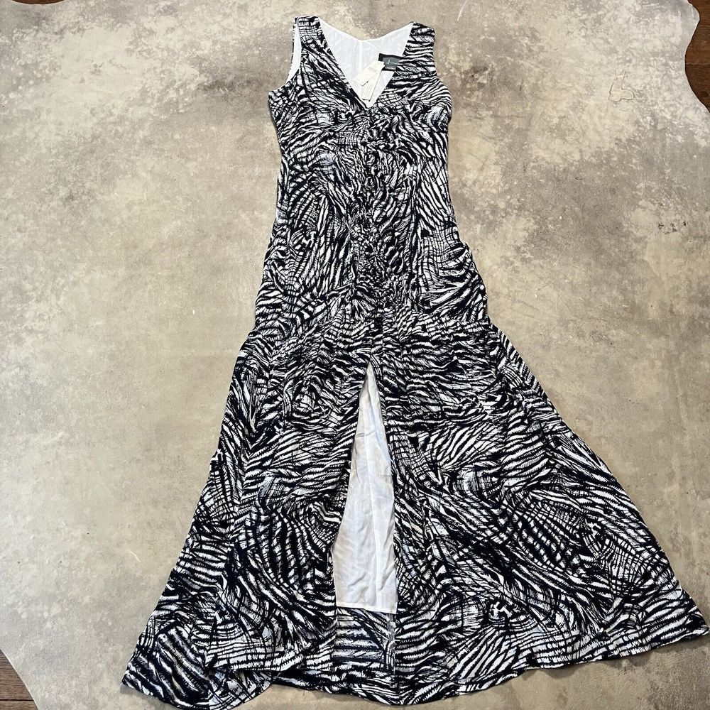 Anthropologie Dress Womens 8 V-Neck Ruched Front Slit Maxi Long Black Printed